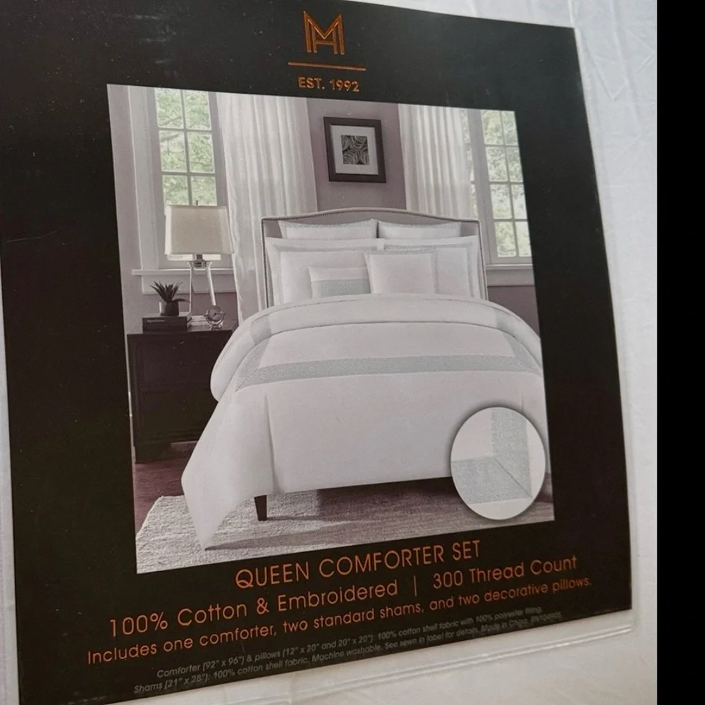 NEW! COMFORTER SET 100% COTTON MANOR HOTEL WHITE FROSTED BLUE SKY QUEEN 5 PIECES